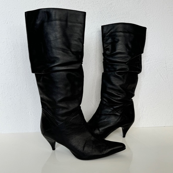 VINTAGE BASEMENT Slouchy Boots EU 37 Black Leather Kitten Heel Pointed Toe Y2K - Picture 15 of 15